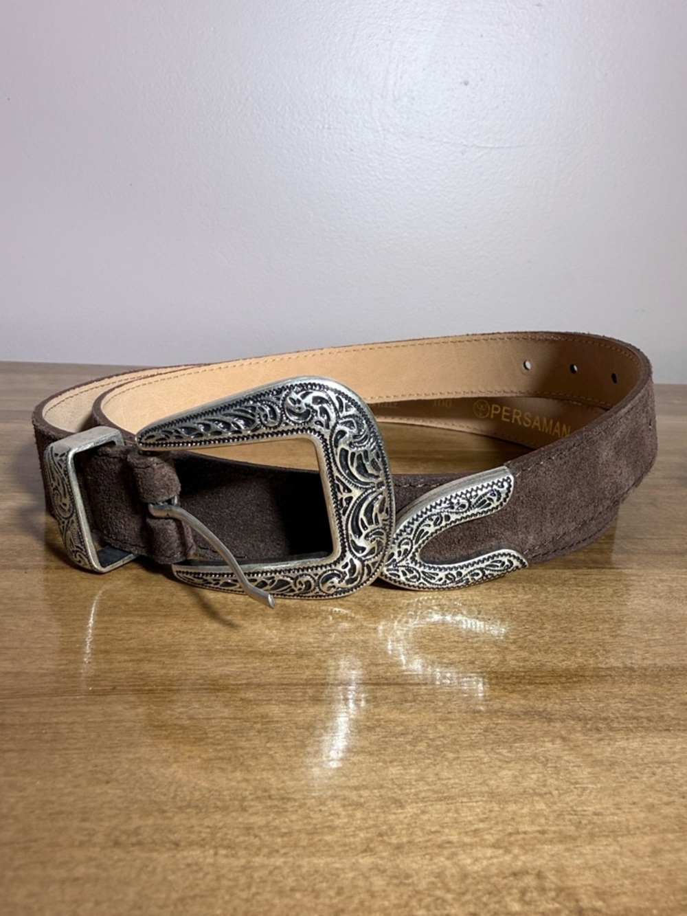 Persaman New York Brown Suede Belt with Western buckle and accents
